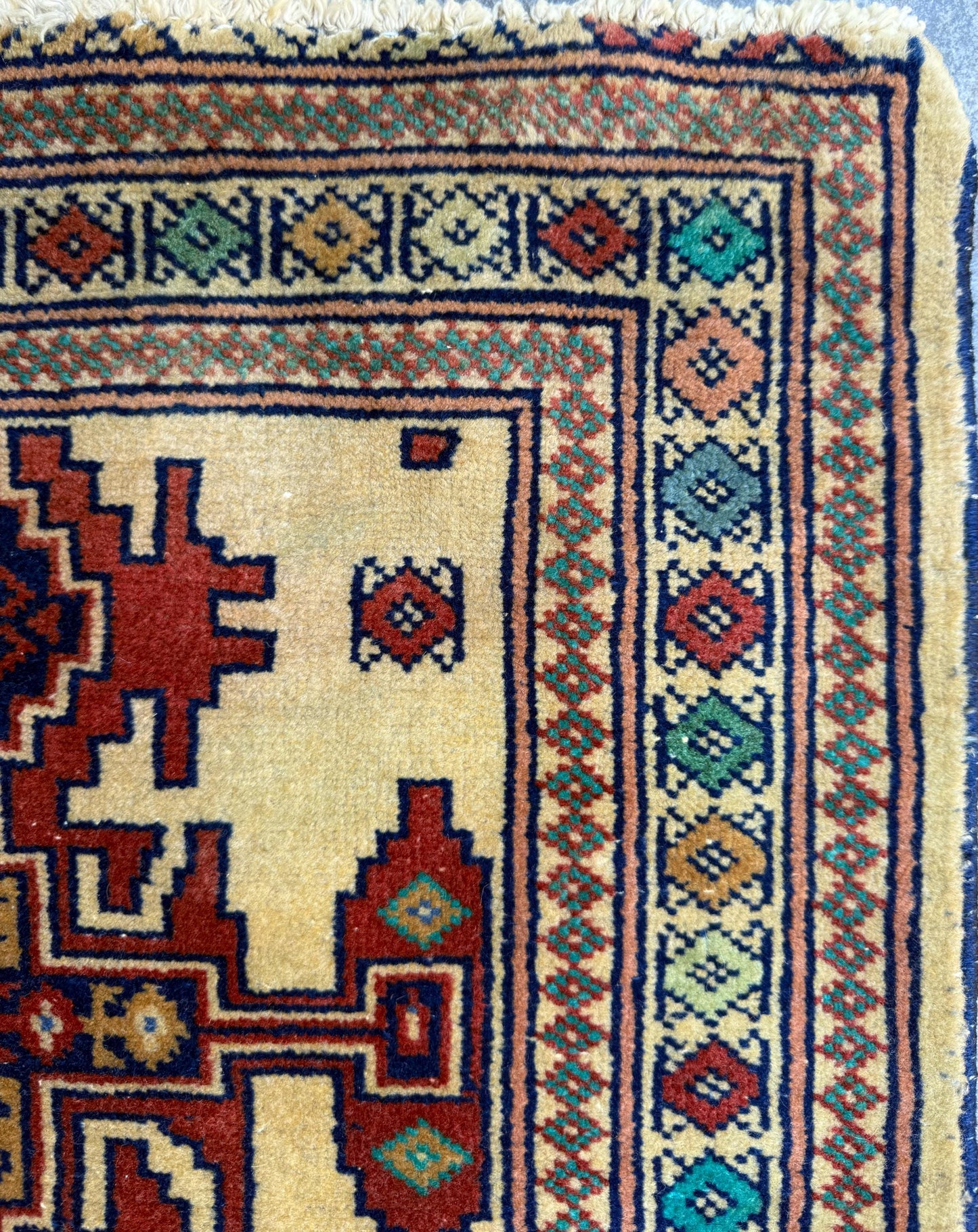 2x2 ft Vintage Rug Hand Knotted Wool Anatolian Accent, 1930s Geometric Design