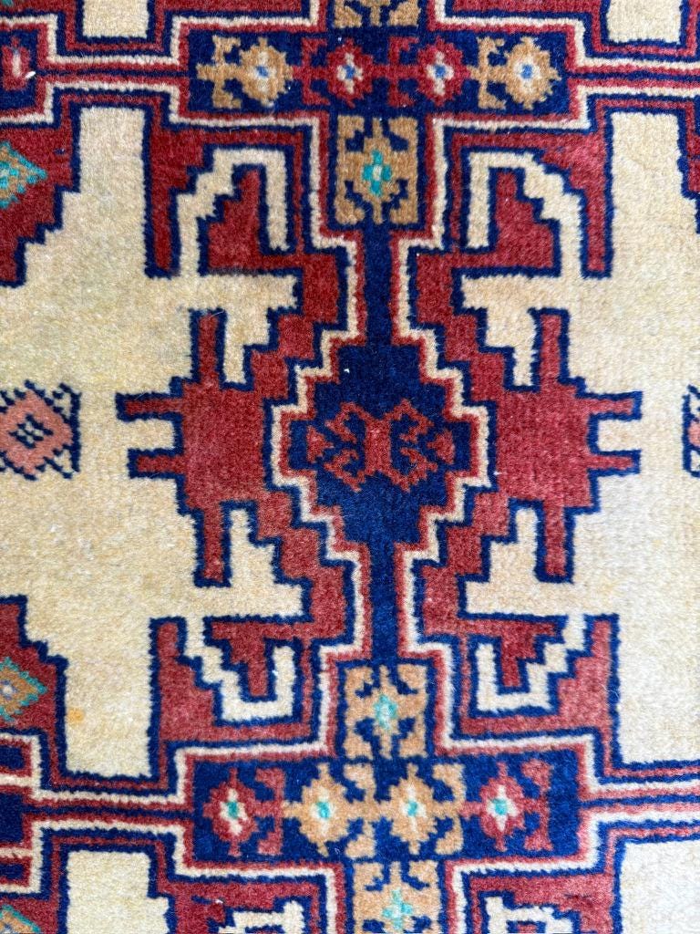2x2 ft Vintage Rug Hand Knotted Wool Anatolian Accent, 1930s Geometric Design