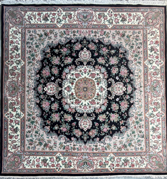 8x8 ft Signed 1970s Hand-Knotted Tabriz Rug: Silk & Wool Vegetable Dye Carpet