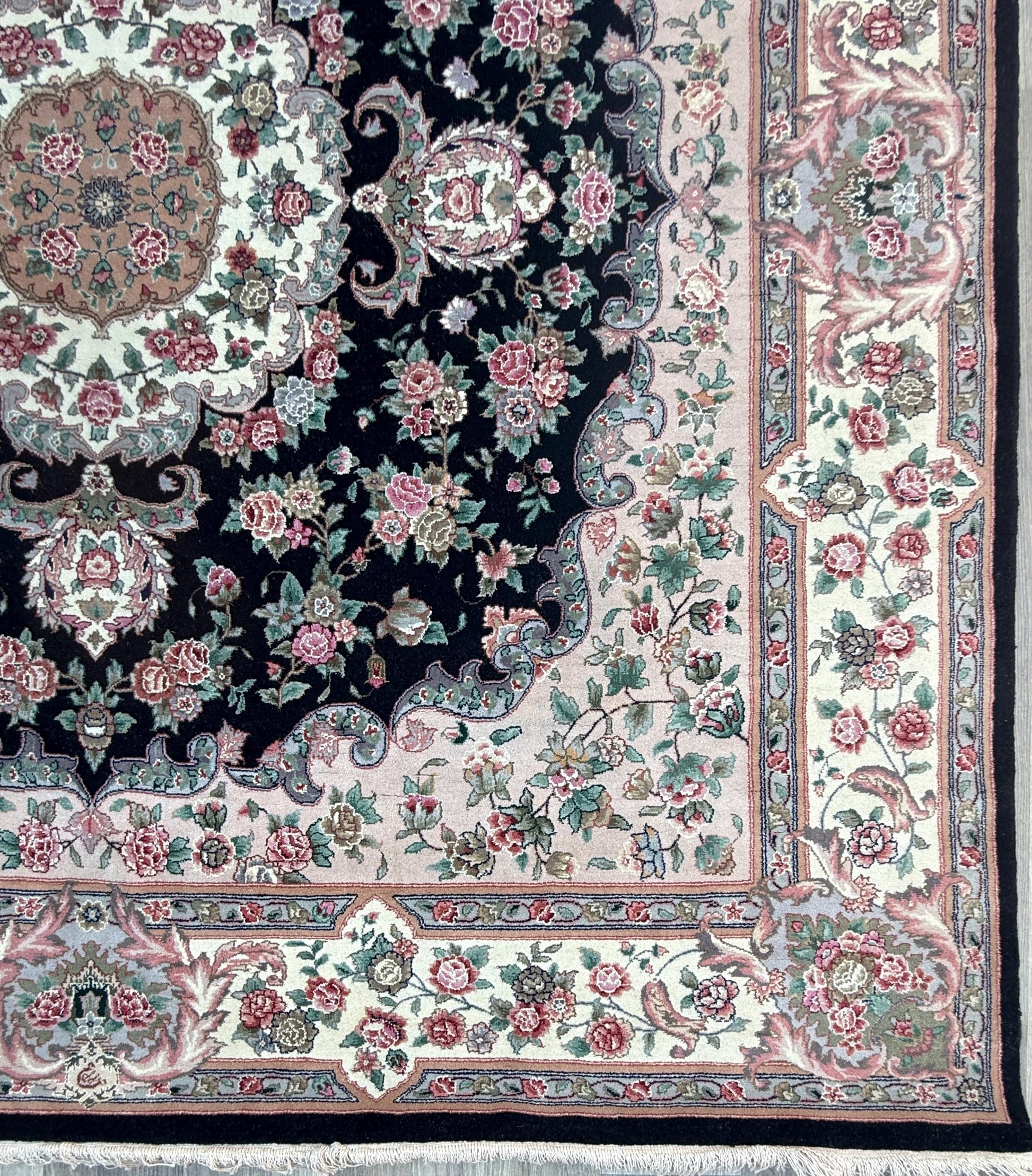 8x8 ft Signed 1970s Hand-Knotted Tabriz Rug: Silk & Wool Vegetable Dye Carpet