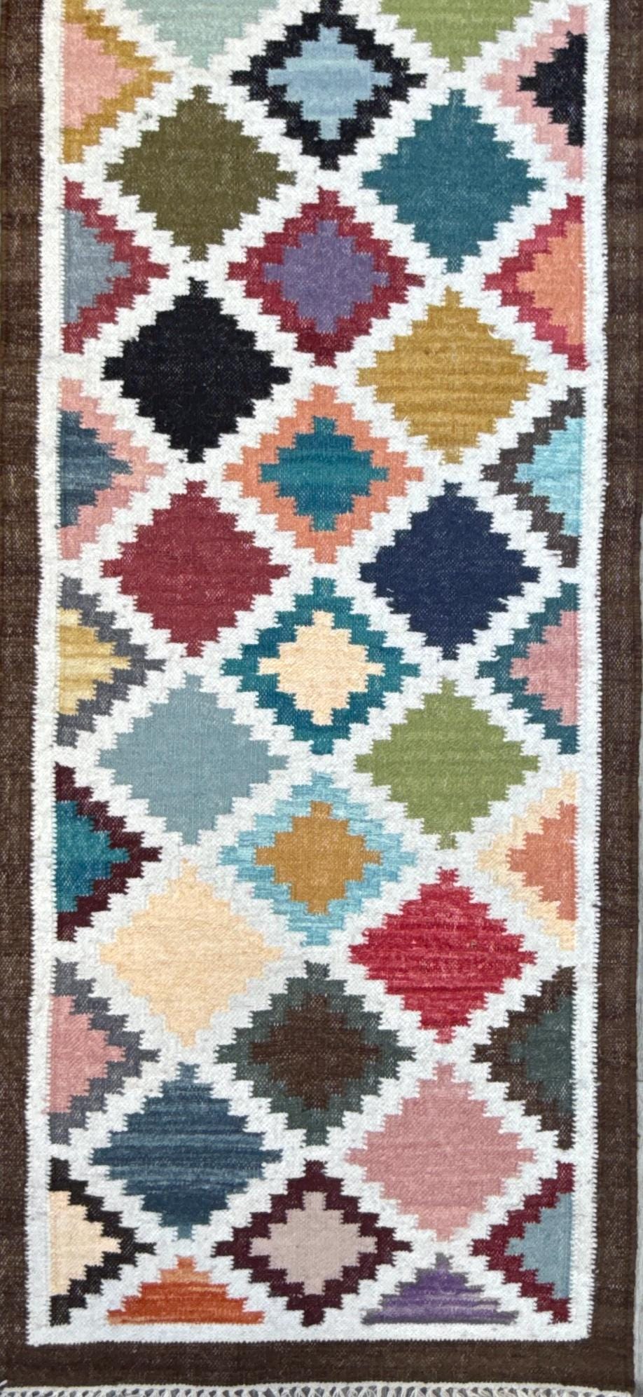 2.6x8 ft Oushak Runner Rug: Handwoven Wool Kilim, Geometric Farmhouse Style