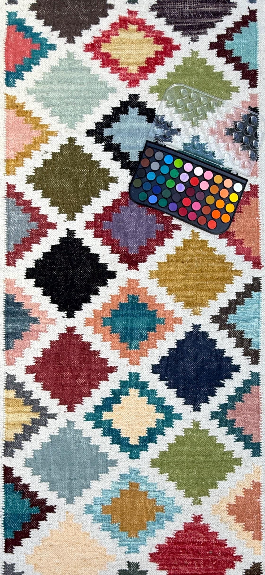 2.6x8 ft Oushak Runner Rug: Handwoven Wool Kilim, Geometric Farmhouse Style
