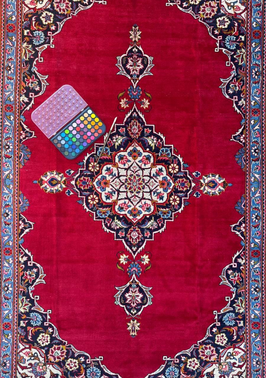 10.3x7.5 ft Vintage Qashoun 1980s Wool Rug: Hand Knotted Traditional Oriental Carpet, Geometric Medallion Area Rug