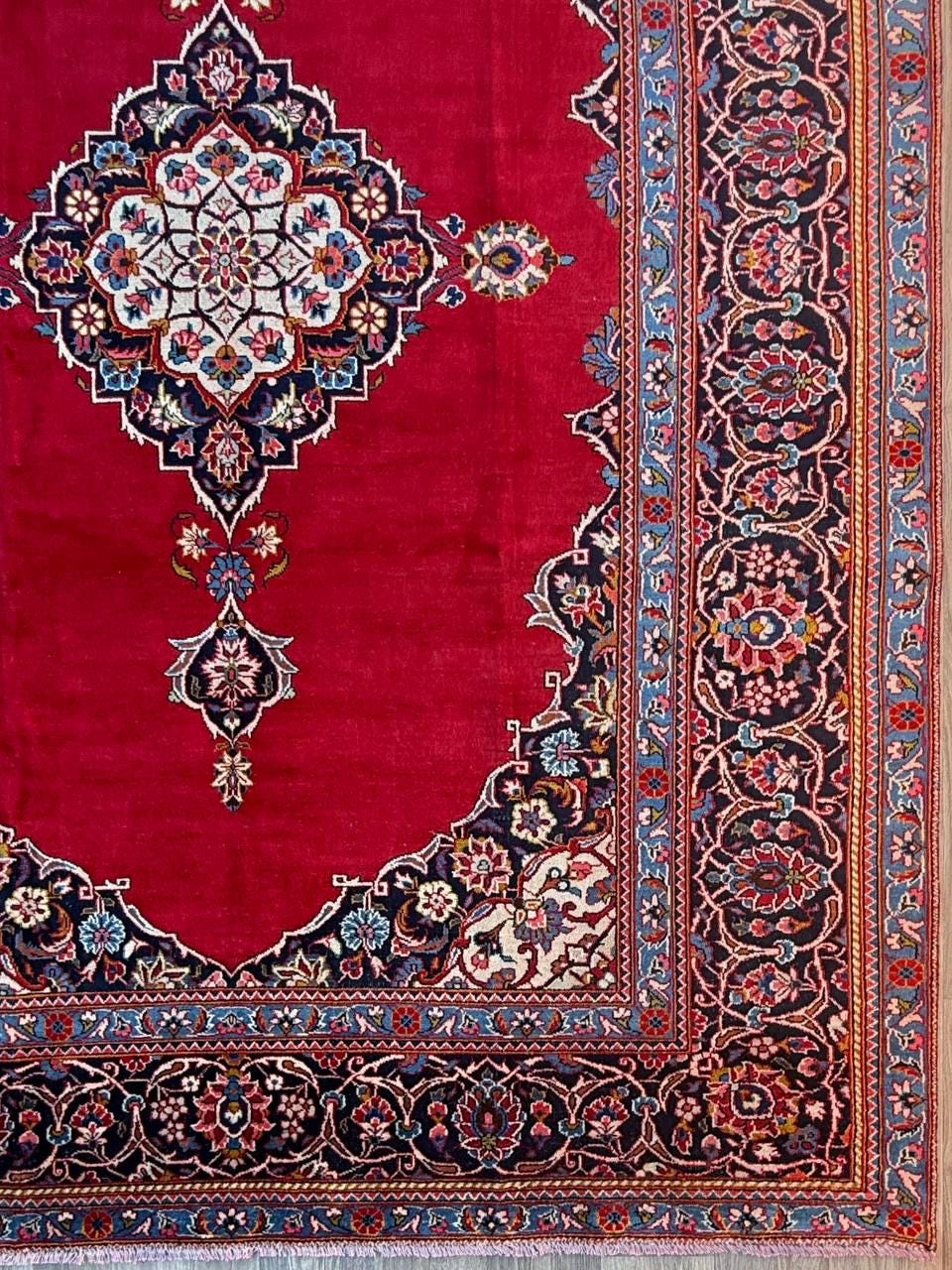 10.3x7.5 ft Vintage Qashoun 1980s Wool Rug: Hand Knotted Traditional Oriental Carpet, Geometric Medallion Area Rug