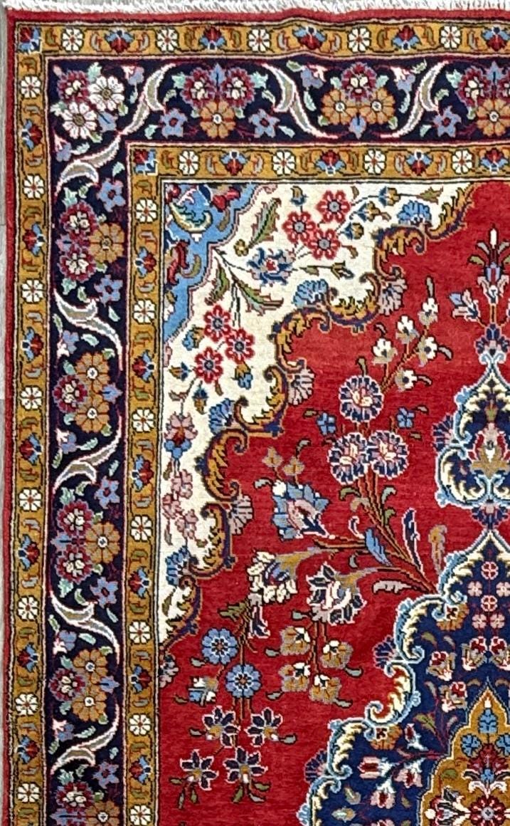 7x4 ft Hand-Knotted Wool Area Rug: Vintage 1970s Fine Kashan Floral Medallion Carpet
