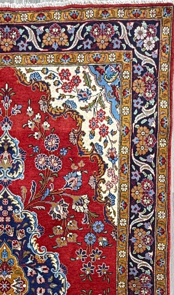 7x4 ft Hand-Knotted Wool Area Rug: Vintage 1970s Fine Kashan Floral Medallion Carpet