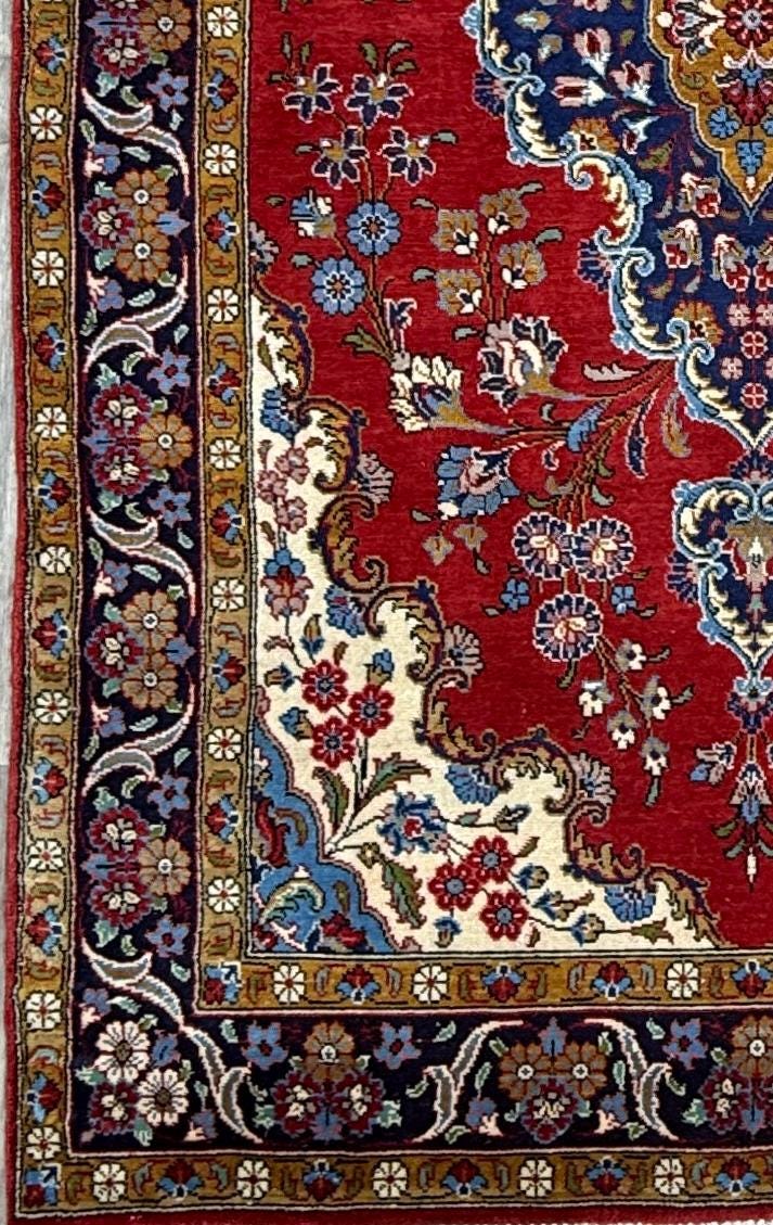 7x4 ft Hand-Knotted Wool Area Rug: Vintage 1970s Fine Kashan Floral Medallion Carpet