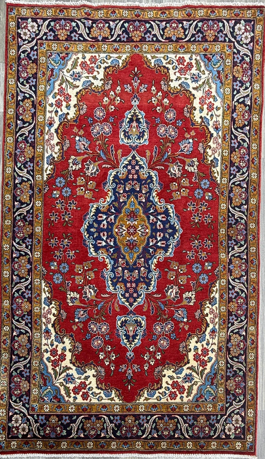 7x4 ft Hand-Knotted Wool Area Rug: Vintage 1970s Fine Kashan Floral Medallion Carpet