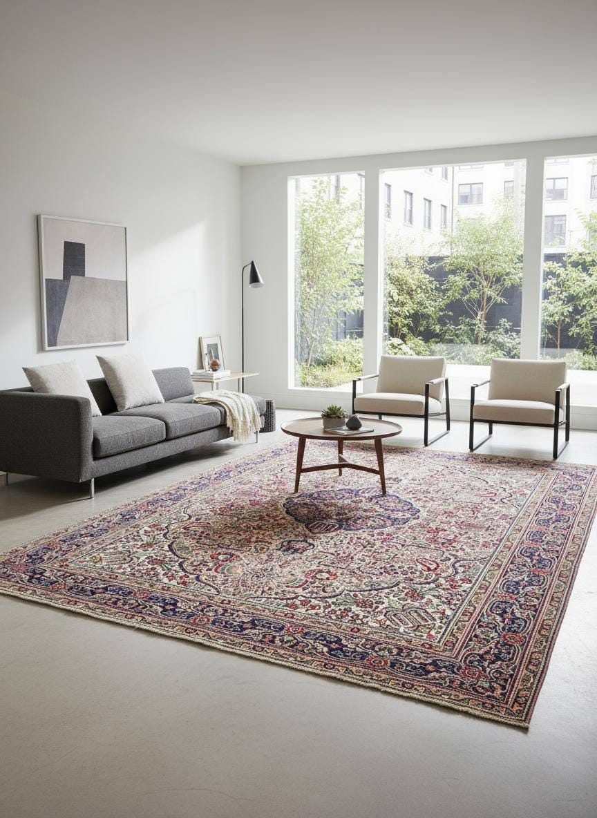8.4x11.5 ft. Vintage 1940s Kashan Royal Design Rug: Hand Knotted Wool Oriental Bohemian Large Carpet