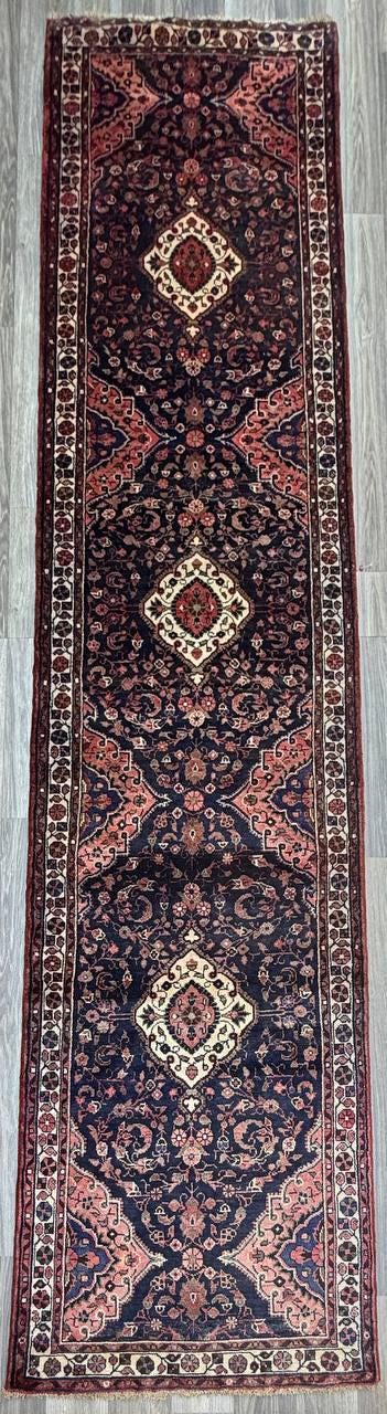 3.8x14 ft Vintage 1940s Anatolian Geometric Runner: Hand Knotted Village Wool Oriental Carpet