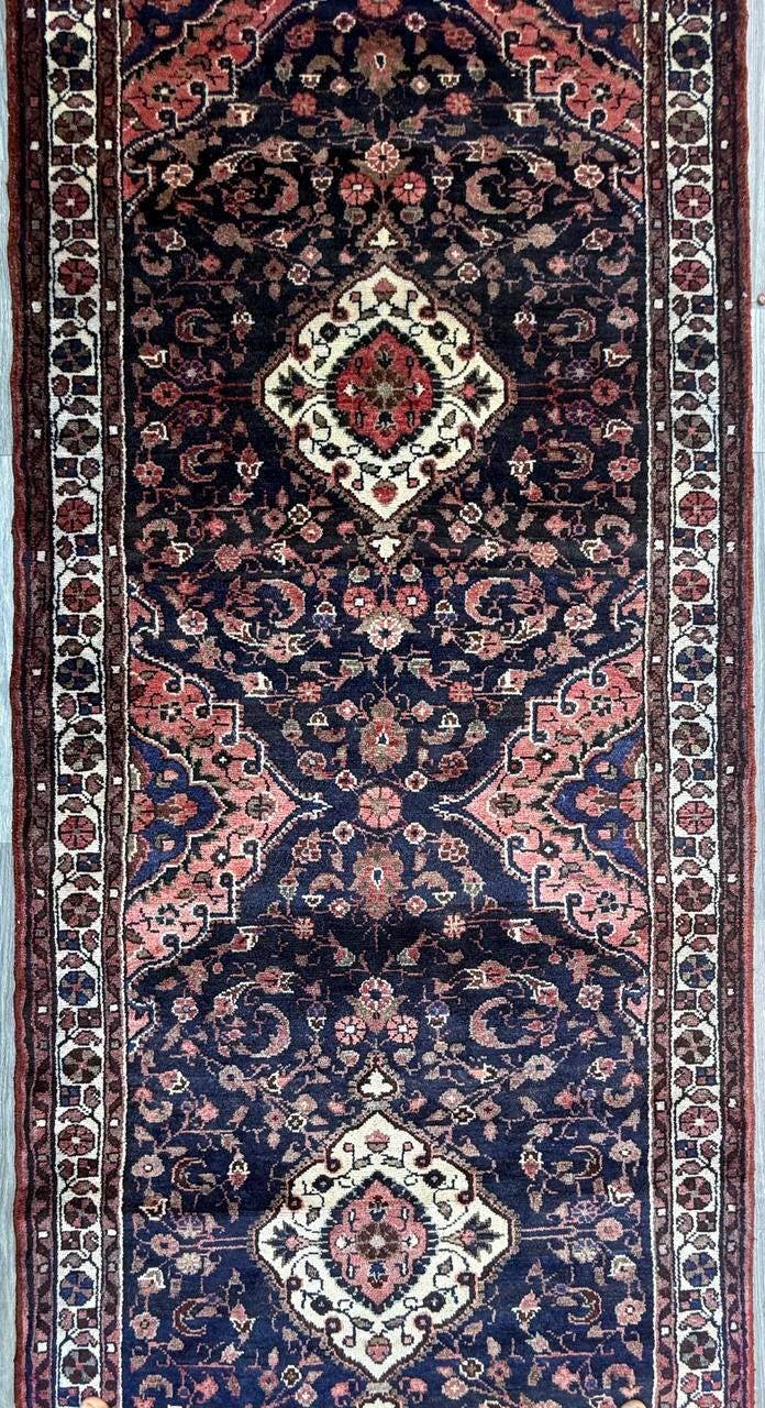3.8x14 ft Vintage 1940s Anatolian Geometric Runner: Hand Knotted Village Wool Oriental Carpet