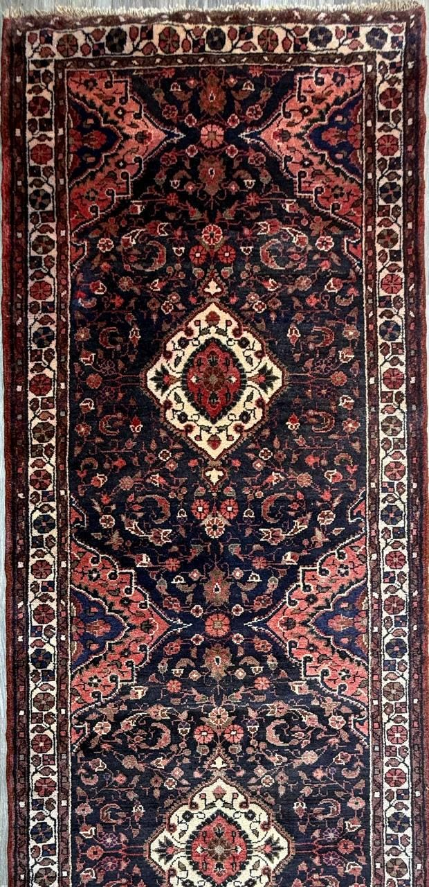 3.8x14 ft Vintage 1940s Anatolian Geometric Runner: Hand Knotted Village Wool Oriental Carpet