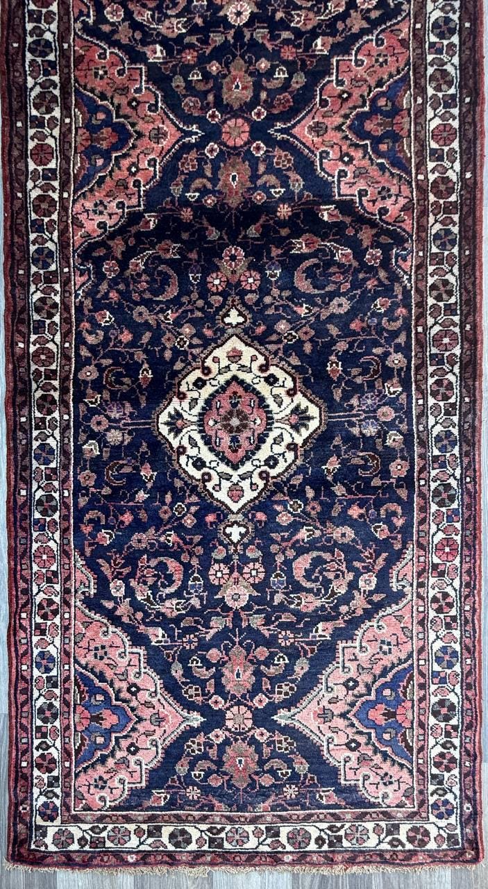3.8x14 ft Vintage 1940s Anatolian Geometric Runner: Hand Knotted Village Wool Oriental Carpet