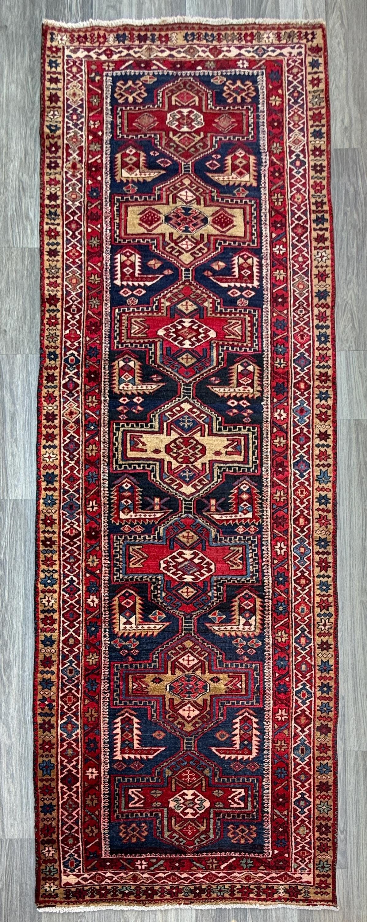 4x11 ft Vintage 1980s Tribal Heriz Runner Rug: Hand Knotted Wool Design