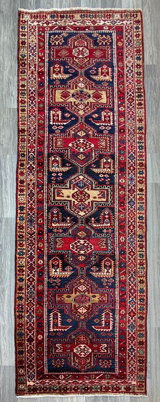 4x11 ft Vintage 1980s Tribal Heriz Runner Rug: Hand Knotted Wool Design