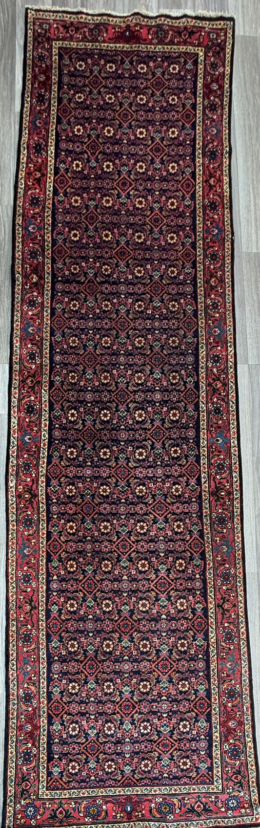 12x3 ft Antique 1950s Malayaar Runner Rug: Hand Knotted Wool Tribal Hallway Carpet, Vintage Nomadic Design
