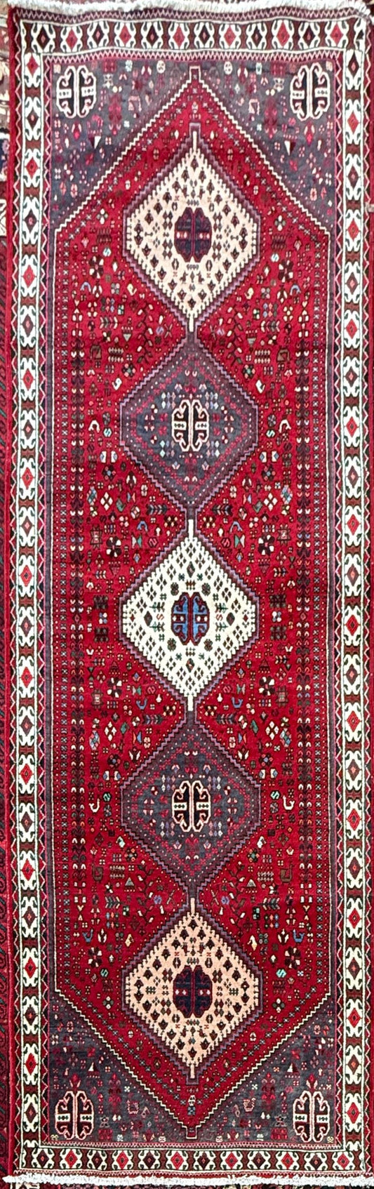 9x3 ft Vintage 1970s Mai Mai Runner Rug: Hand Knotted Wool Tribal Nomadic Desig Carpet