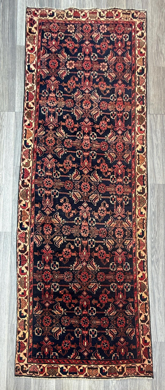 3.5x9.1 ft 1940s Vintage Rug: Hand Knotted Wool Anatolian Village Carpet, Geometric Tribal Design
