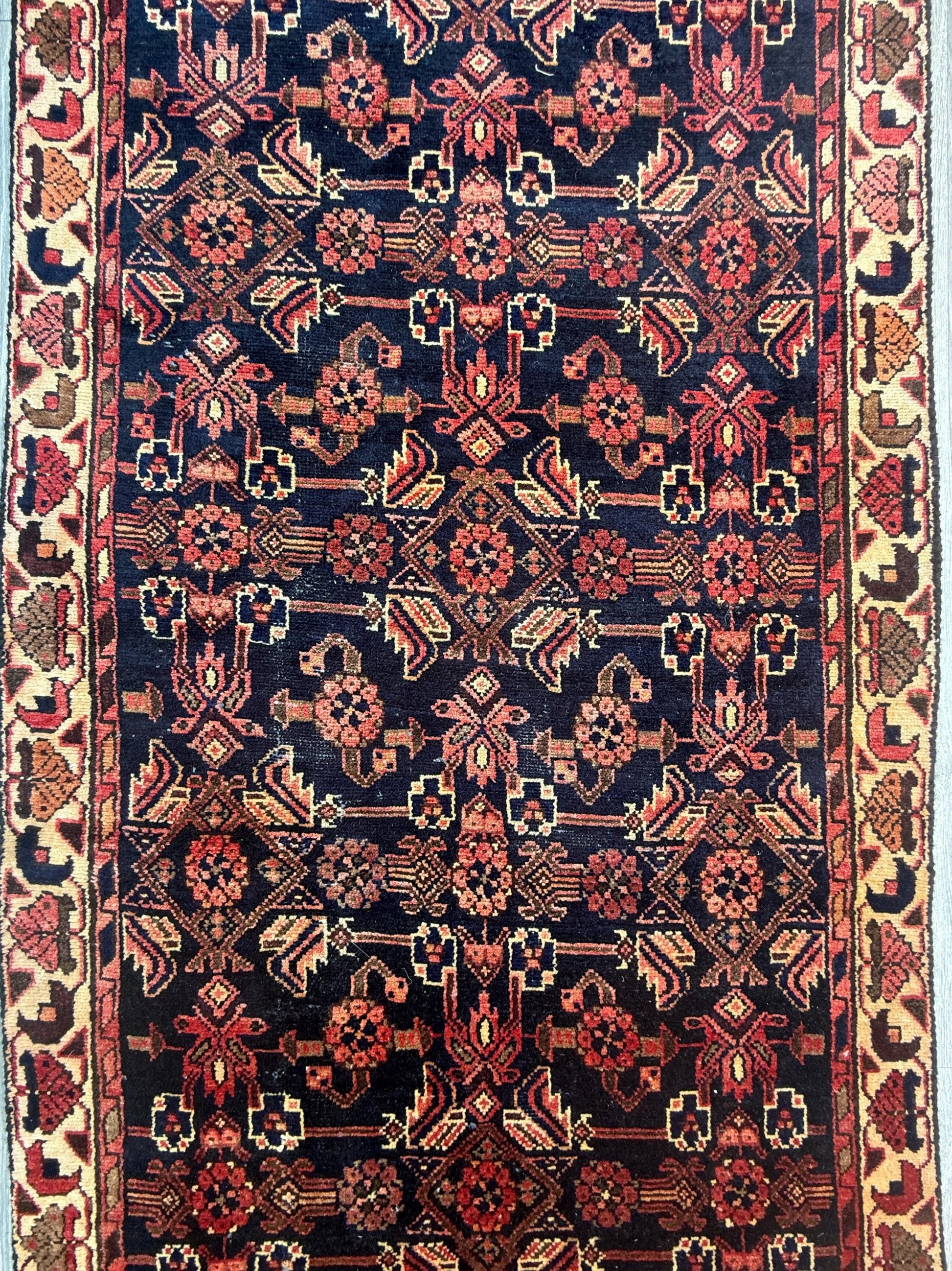 3.5x9.1 ft 1940s Vintage Rug: Hand Knotted Wool Anatolian Village Carpet, Geometric Tribal Design