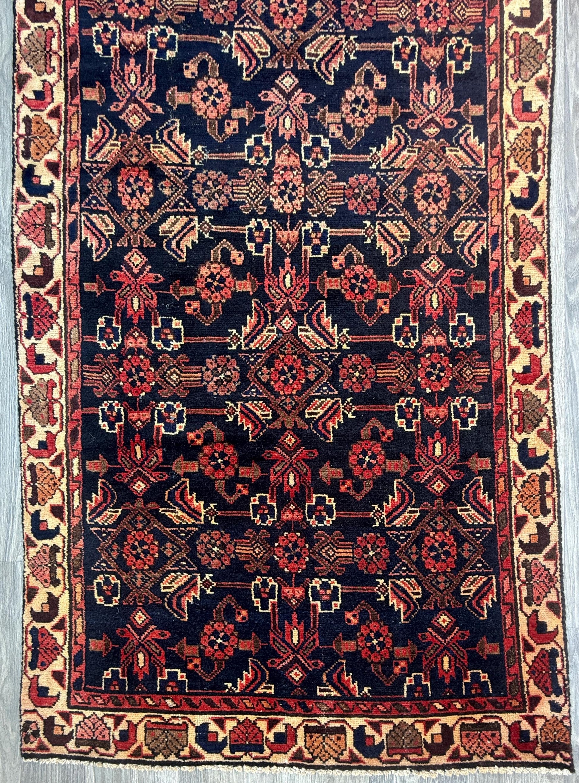 3.5x9.1 ft 1940s Vintage Rug: Hand Knotted Wool Anatolian Village Carpet, Geometric Tribal Design