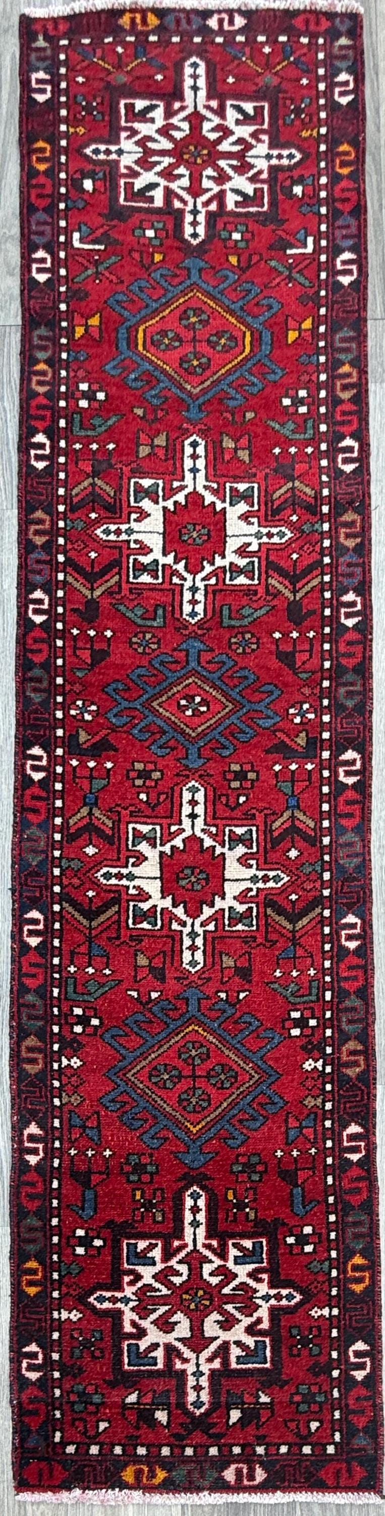 8x2 ft Vintage 1980s Hareez Runner Rug: Hand Knotted Wool Tribal Carpet, Narrow Hallway Rug