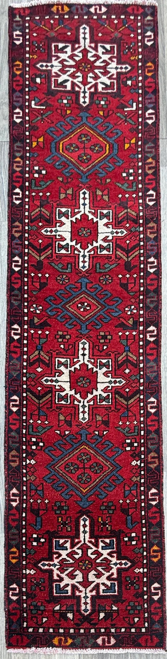 8x2 ft Vintage 1980s Hareez Runner Rug: Hand Knotted Wool Tribal Carpet, Narrow Hallway Rug
