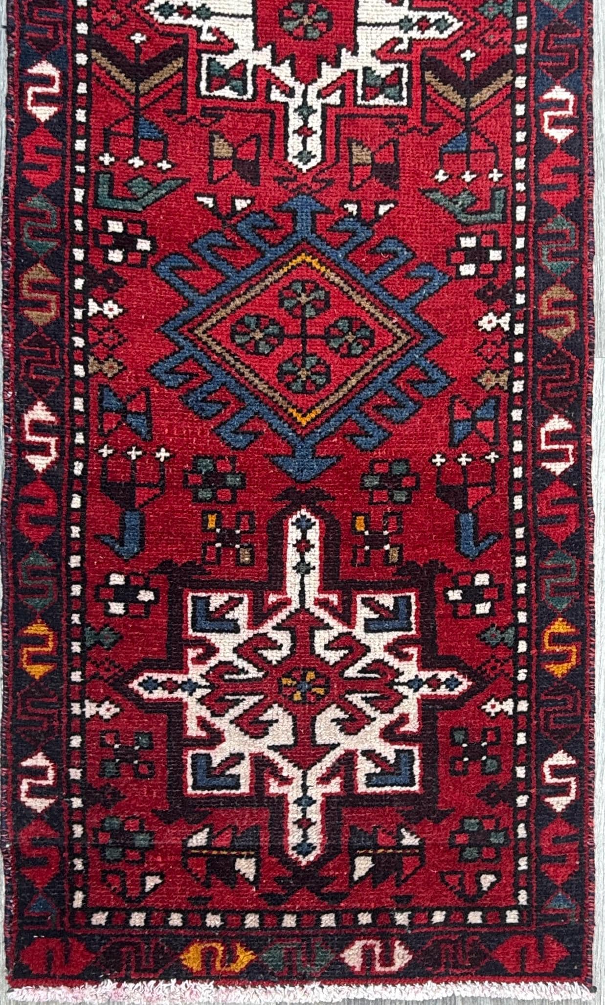 8x2 ft Vintage 1980s Hareez Runner Rug: Hand Knotted Wool Tribal Carpet, Narrow Hallway Rug