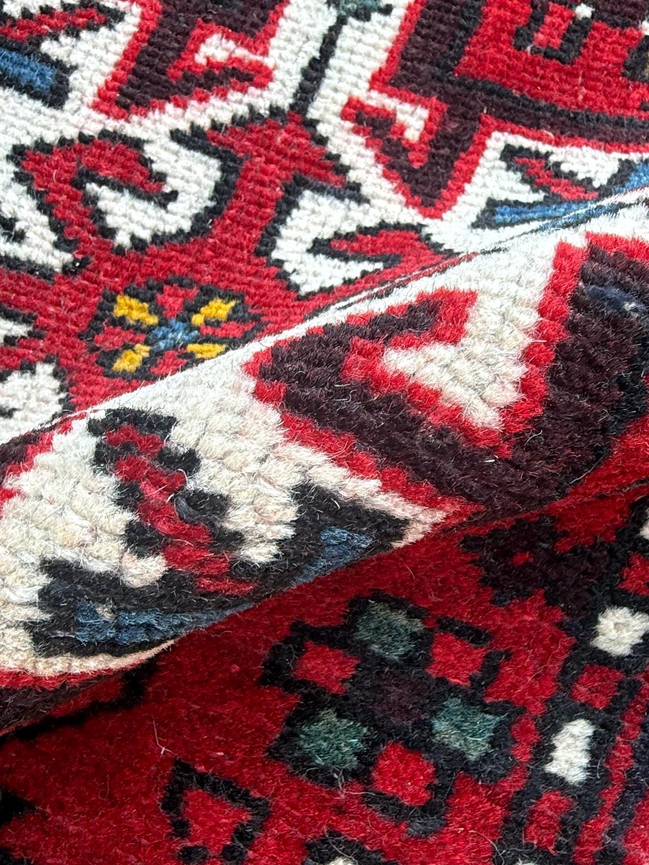 8x2 ft Vintage 1980s Hareez Runner Rug: Hand Knotted Wool Tribal Carpet, Narrow Hallway Rug