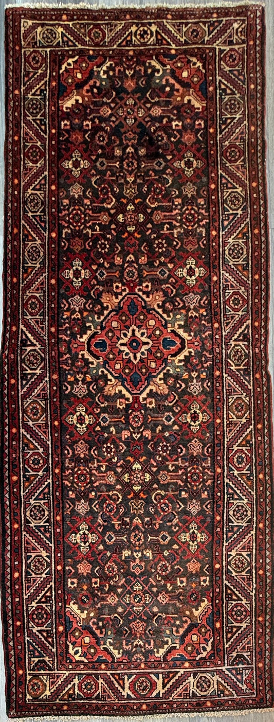 3.8x9.10 ft Vintage 1930s Anatolian: Hand Knotted Wool Village Carpet, Geometric Tribal Design