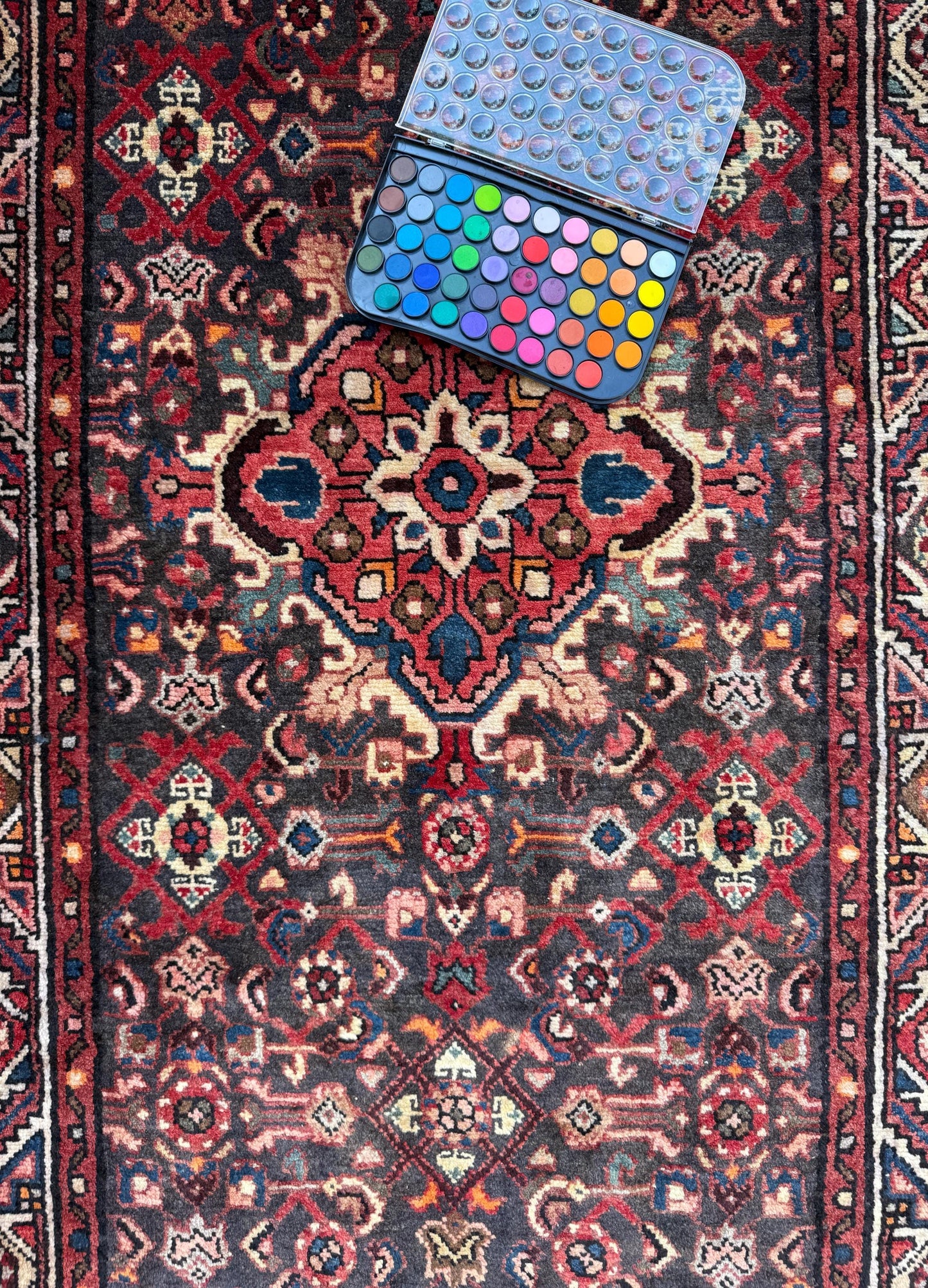 3.8x9.10 ft Vintage 1930s Anatolian: Hand Knotted Wool Village Carpet, Geometric Tribal Design