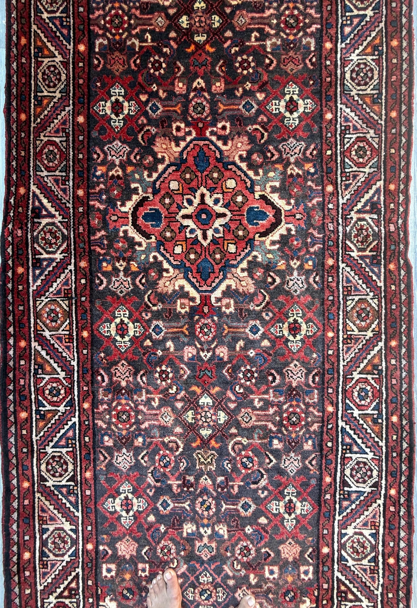 3.8x9.10 ft Vintage 1930s Anatolian: Hand Knotted Wool Village Carpet, Geometric Tribal Design