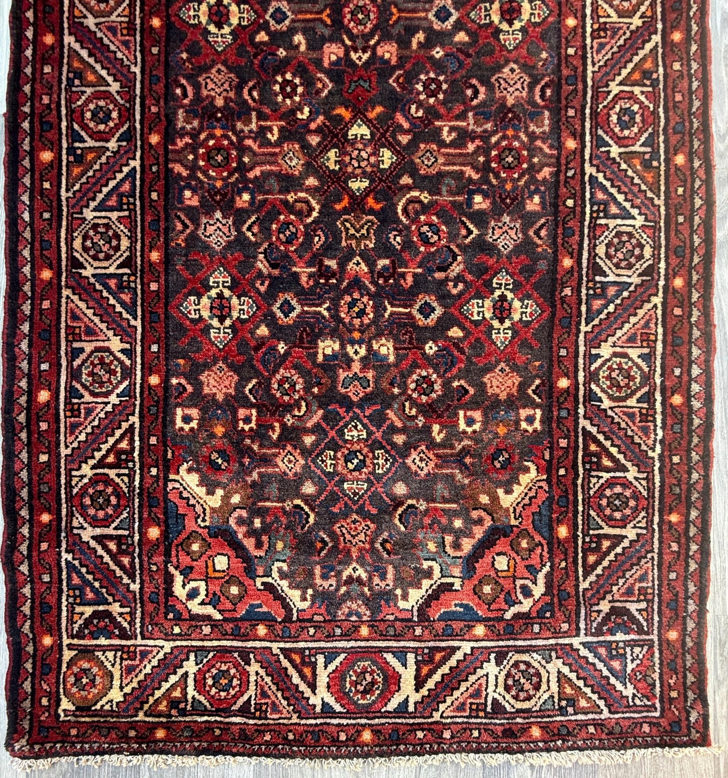 3.8x9.10 ft Vintage 1930s Anatolian: Hand Knotted Wool Village Carpet, Geometric Tribal Design