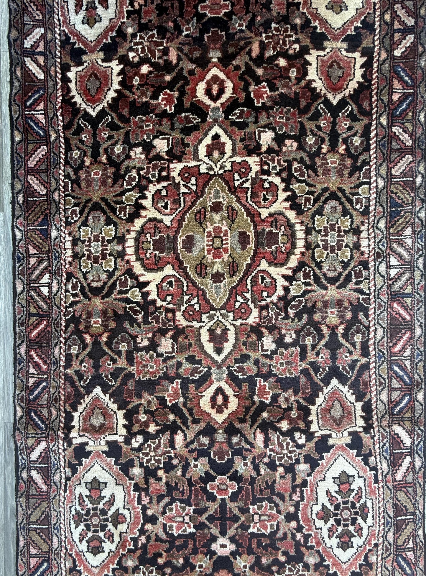 3.6x13.8 ft Vintage 1930s Anatolian Runner Rug: Village Hand Knotted Wool Carpet, Long Geometric Tribal Design