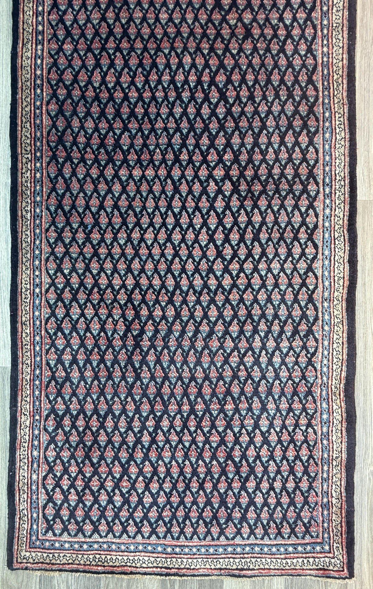 3.4x9.1 ft Vintage 1930s Runner Rug: Farmhouse Anatolian Village Carpet, Hand Knotted Wool Geometric Tribal Design
