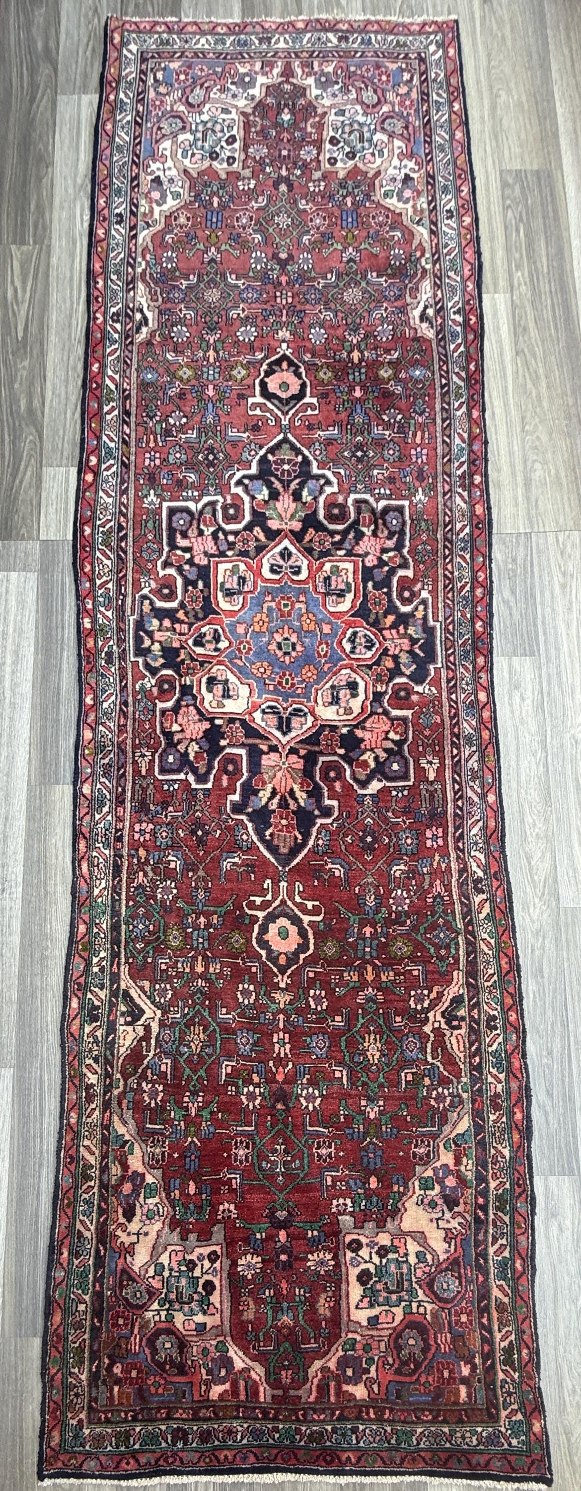 3.5x12.8 ft Vintage 1930s Runner Rug: Hand Knotted Wool Anatolian Carpet, Village Made Geometric Tribal Design
