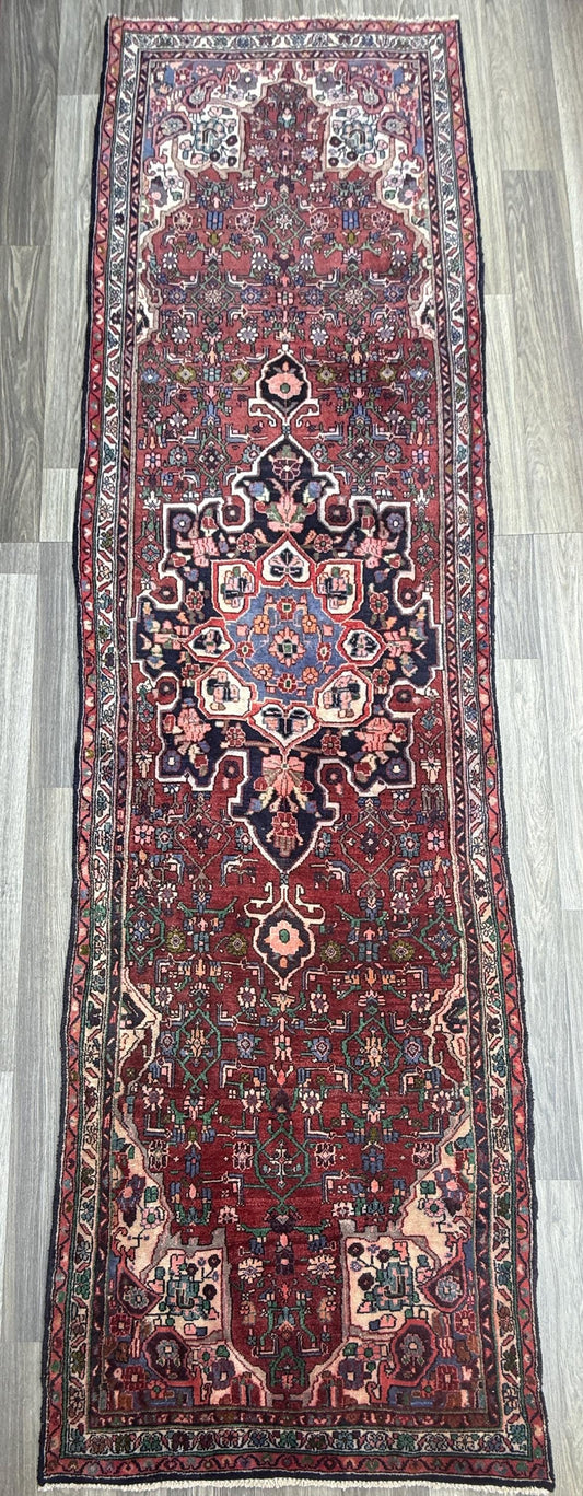 3.5x12.8 ft Vintage 1930s Runner Rug: Hand Knotted Wool Anatolian Carpet, Village Made Geometric Tribal Design