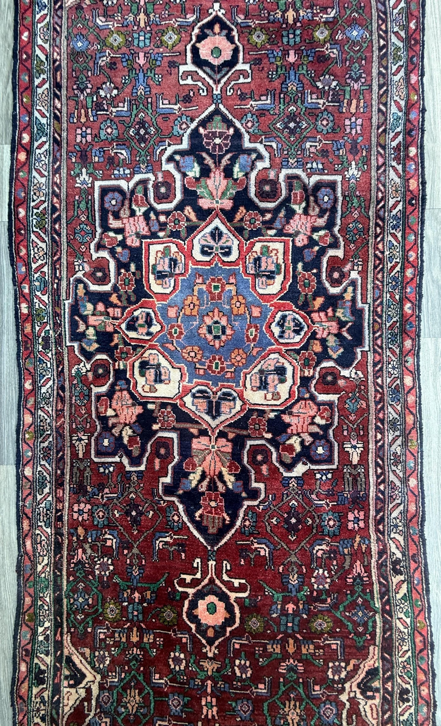 3.5x12.8 ft Vintage 1930s Runner Rug: Hand Knotted Wool Anatolian Carpet, Village Made Geometric Tribal Design