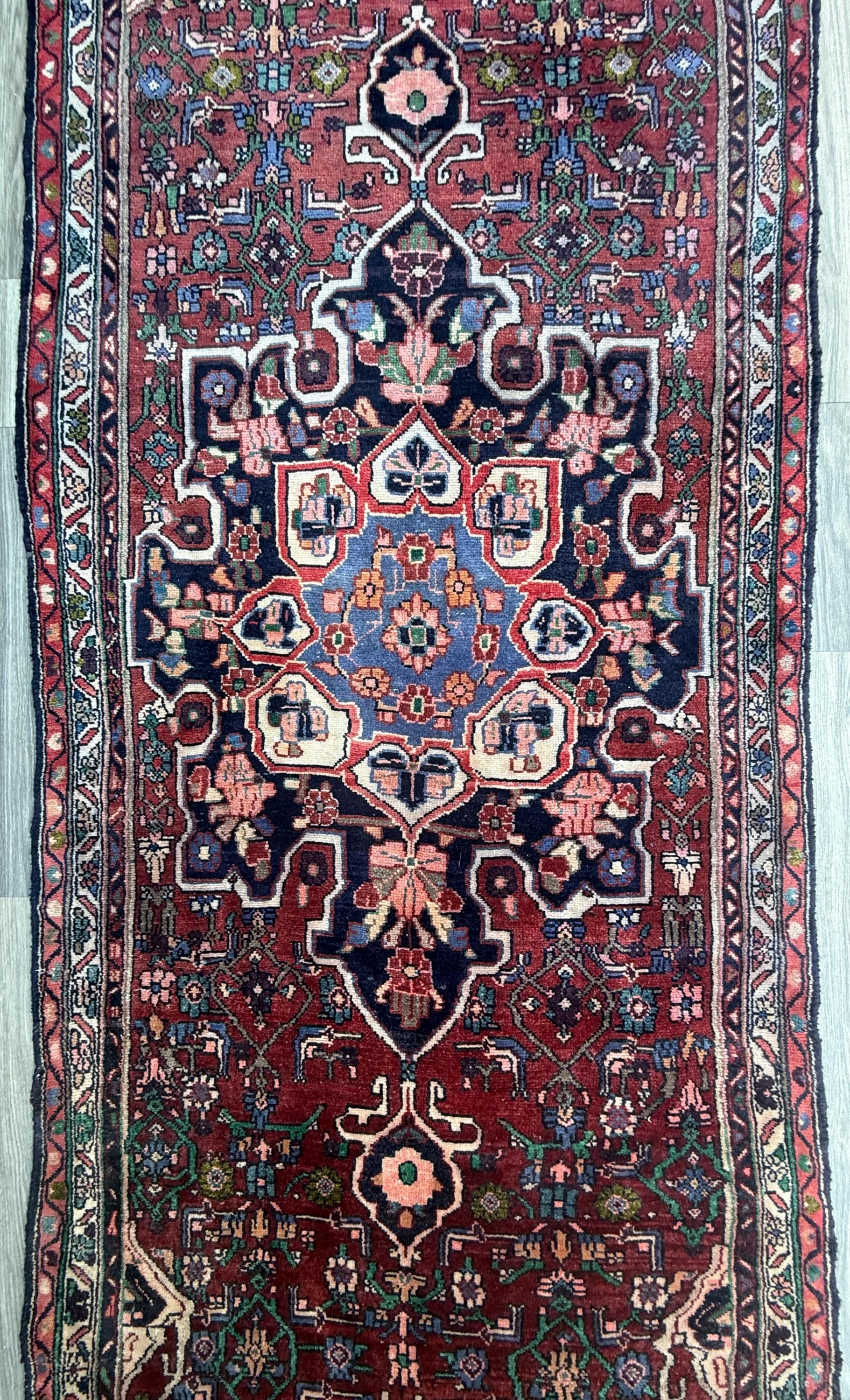 3.5x12.8 ft Vintage 1930s Runner Rug: Hand Knotted Wool Anatolian Carpet, Village Made Geometric Tribal Design