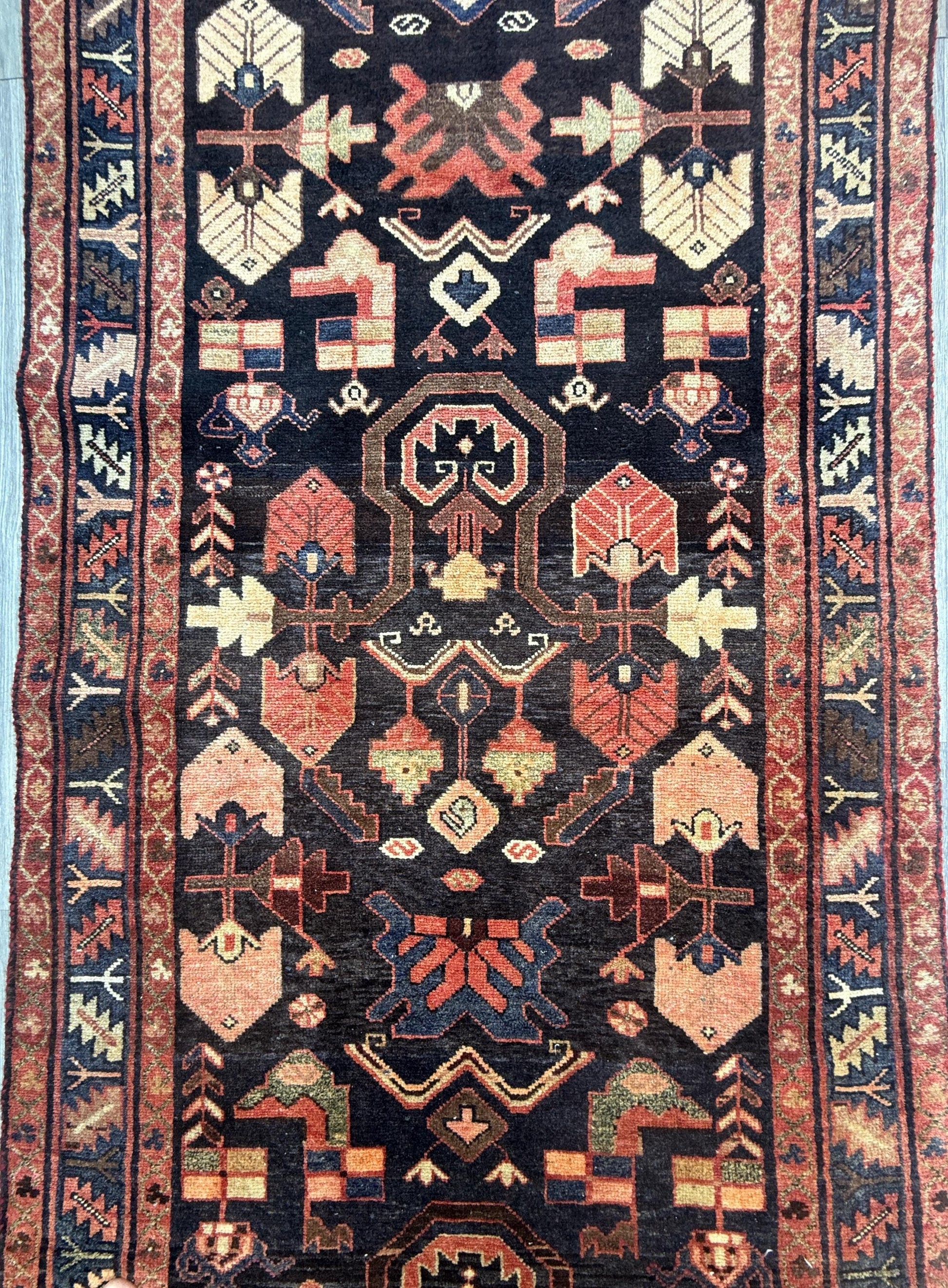 3.6x13.8 ft Vintage 1930s Runner Rug: Anatolian Village Carpet, Hand Knotted Wool Long Geometric Tribal Rug