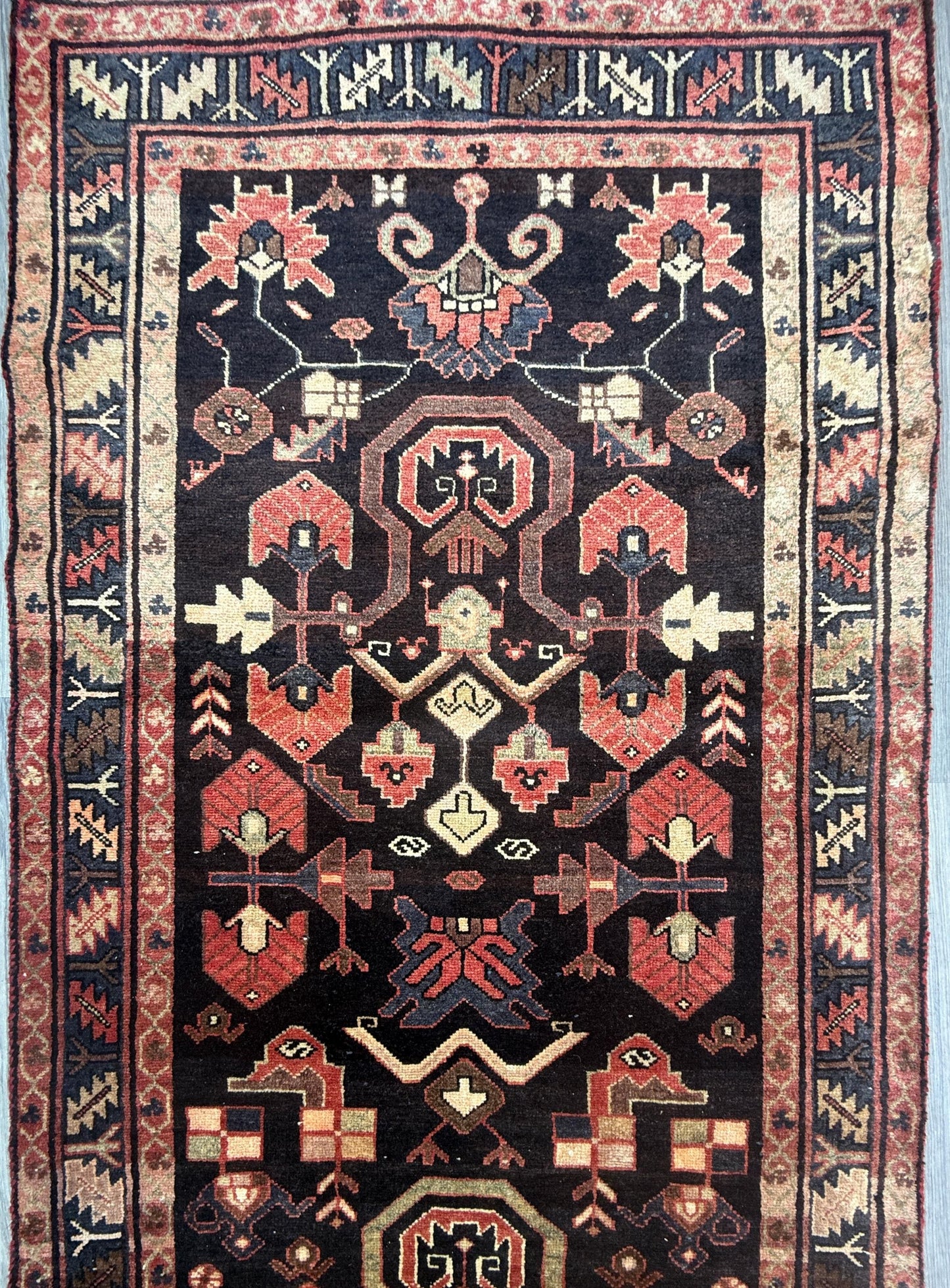 3.6x13.8 ft Vintage 1930s Runner Rug: Anatolian Village Carpet, Hand Knotted Wool Long Geometric Tribal Rug
