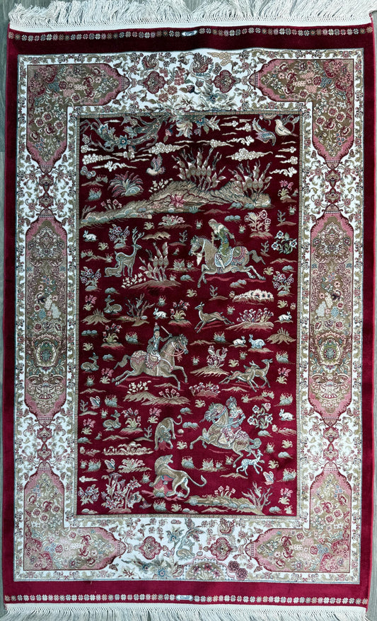5x3 ft Signed Quomm Silk Rug: Hand Knotted Power Loomed Hunting Scene Carpet