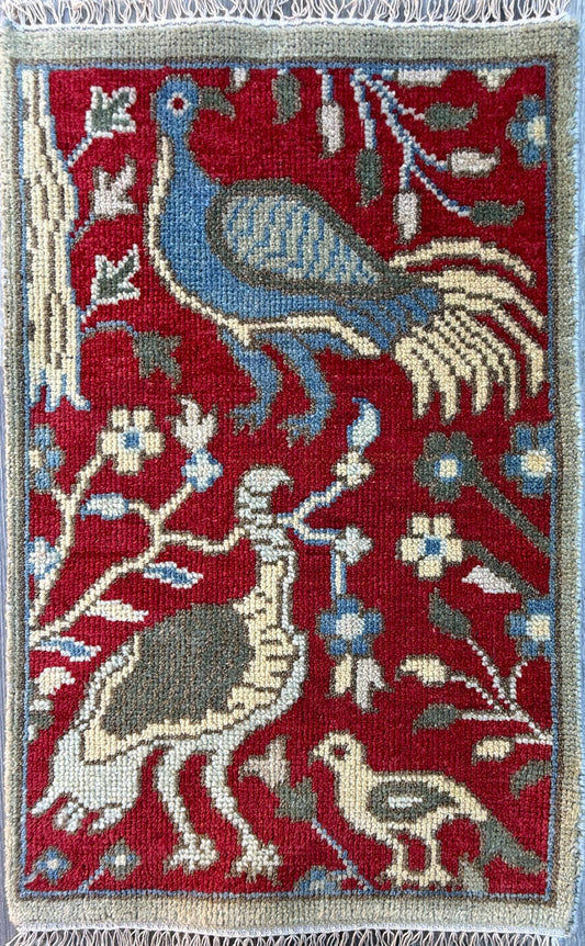 1.11x3 ft Bohemian Oushak Rug: Hand-Knotted Birds Design, Contemporary Wool Carpet