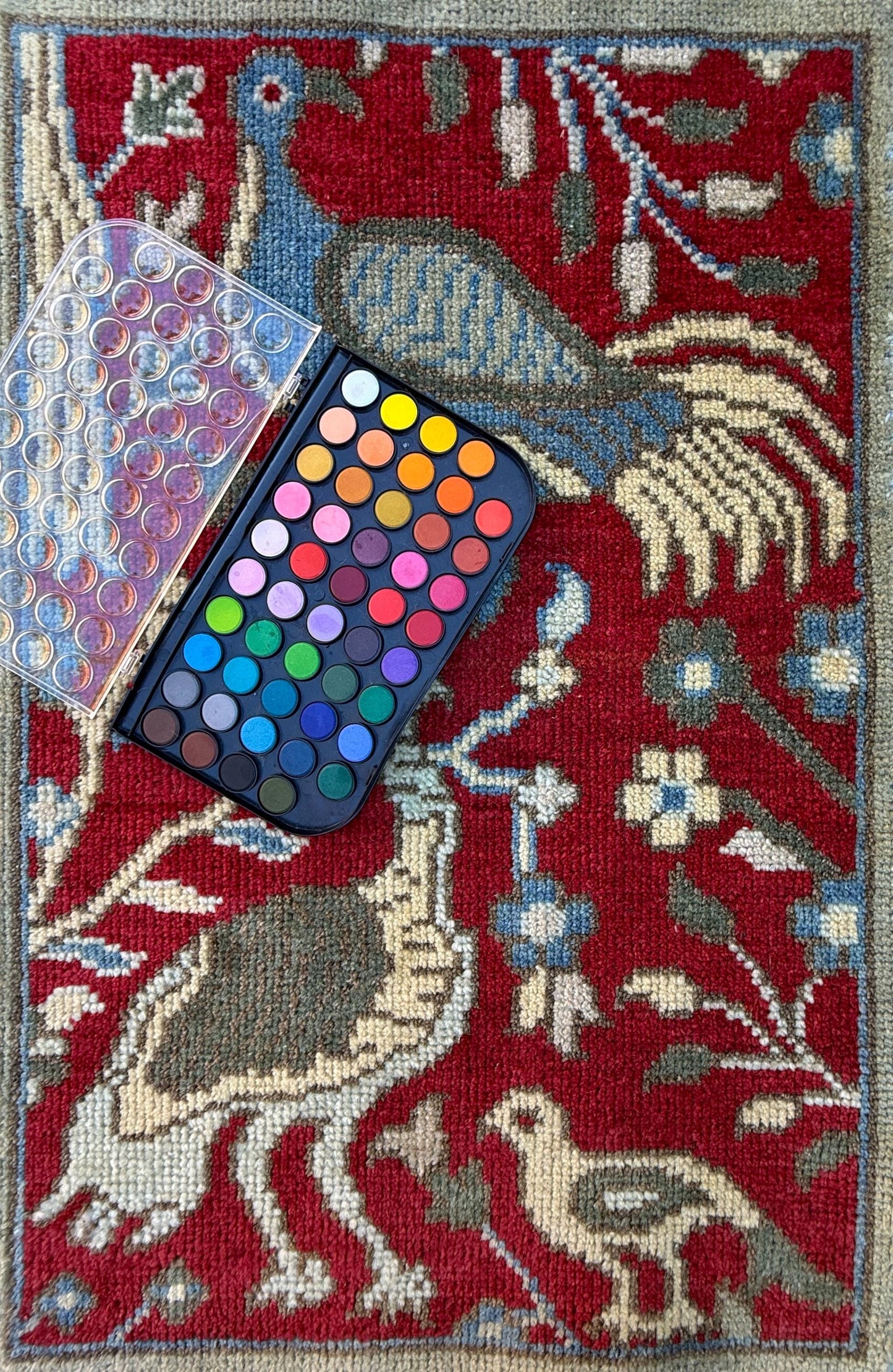 1.11x3 ft Bohemian Oushak Rug: Hand-Knotted Birds Design, Contemporary Wool Carpet