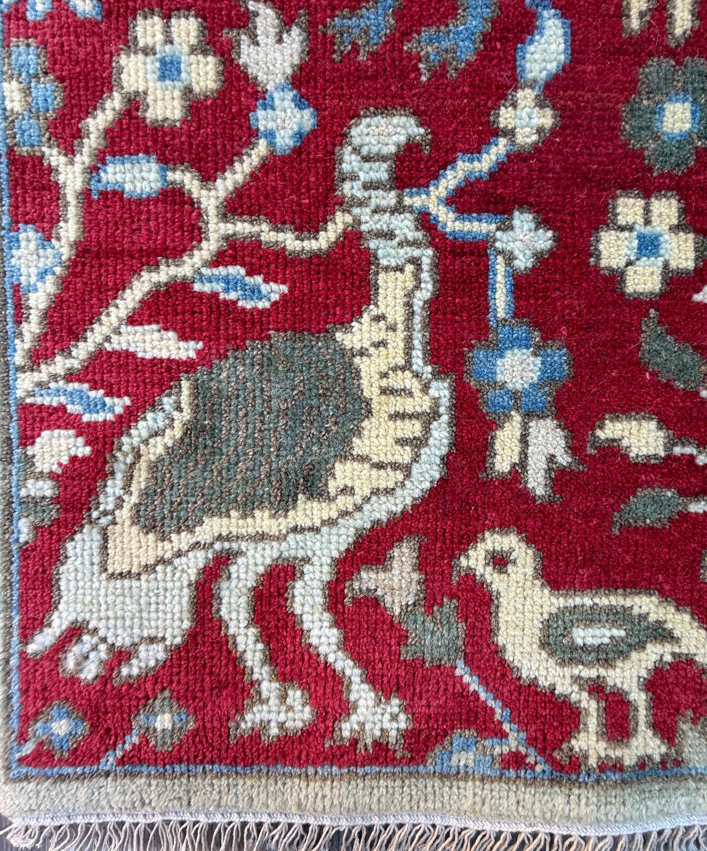 1.11x3 ft Bohemian Oushak Rug: Hand-Knotted Birds Design, Contemporary Wool Carpet