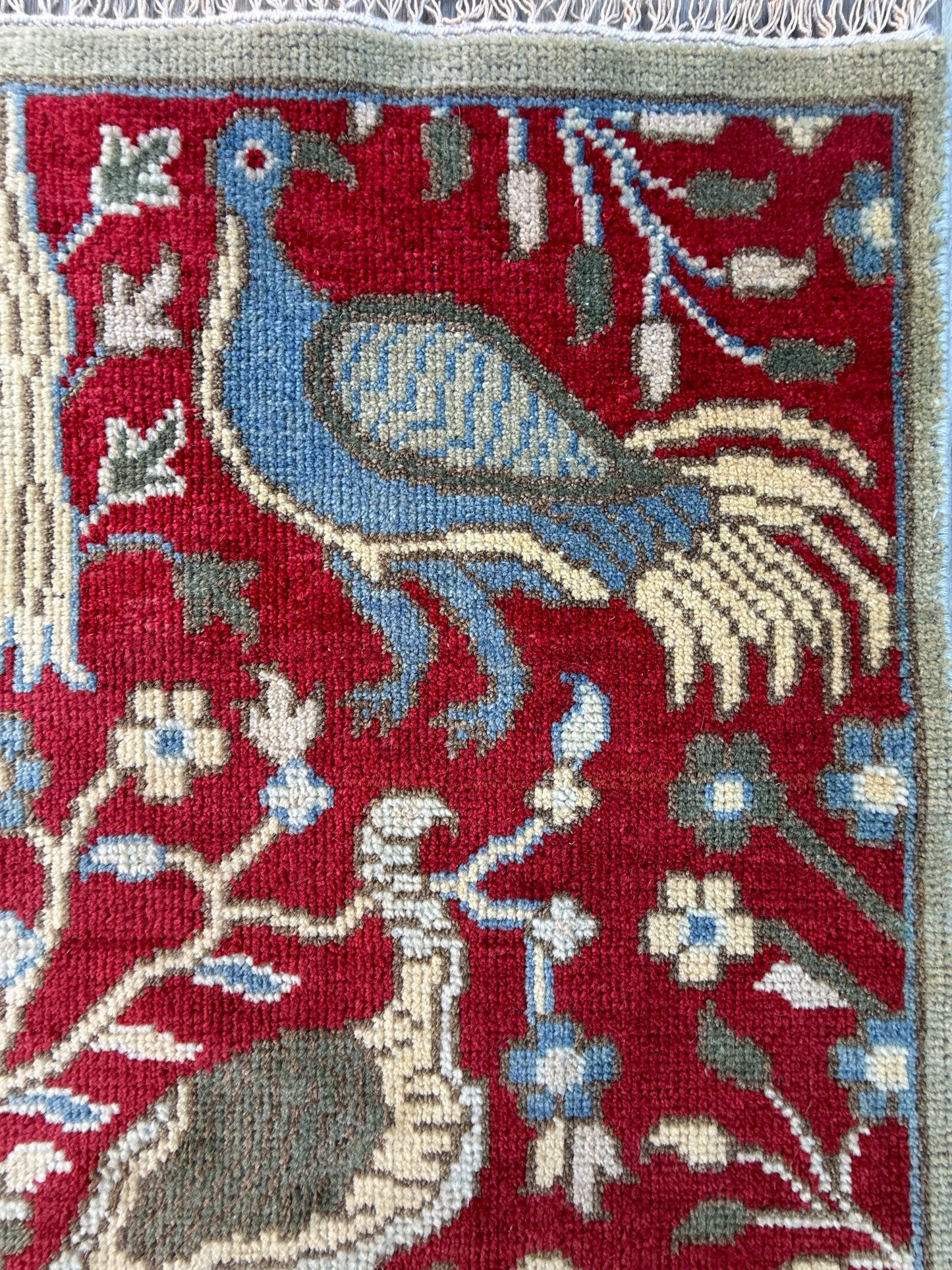 1.11x3 ft Bohemian Oushak Rug: Hand-Knotted Birds Design, Contemporary Wool Carpet