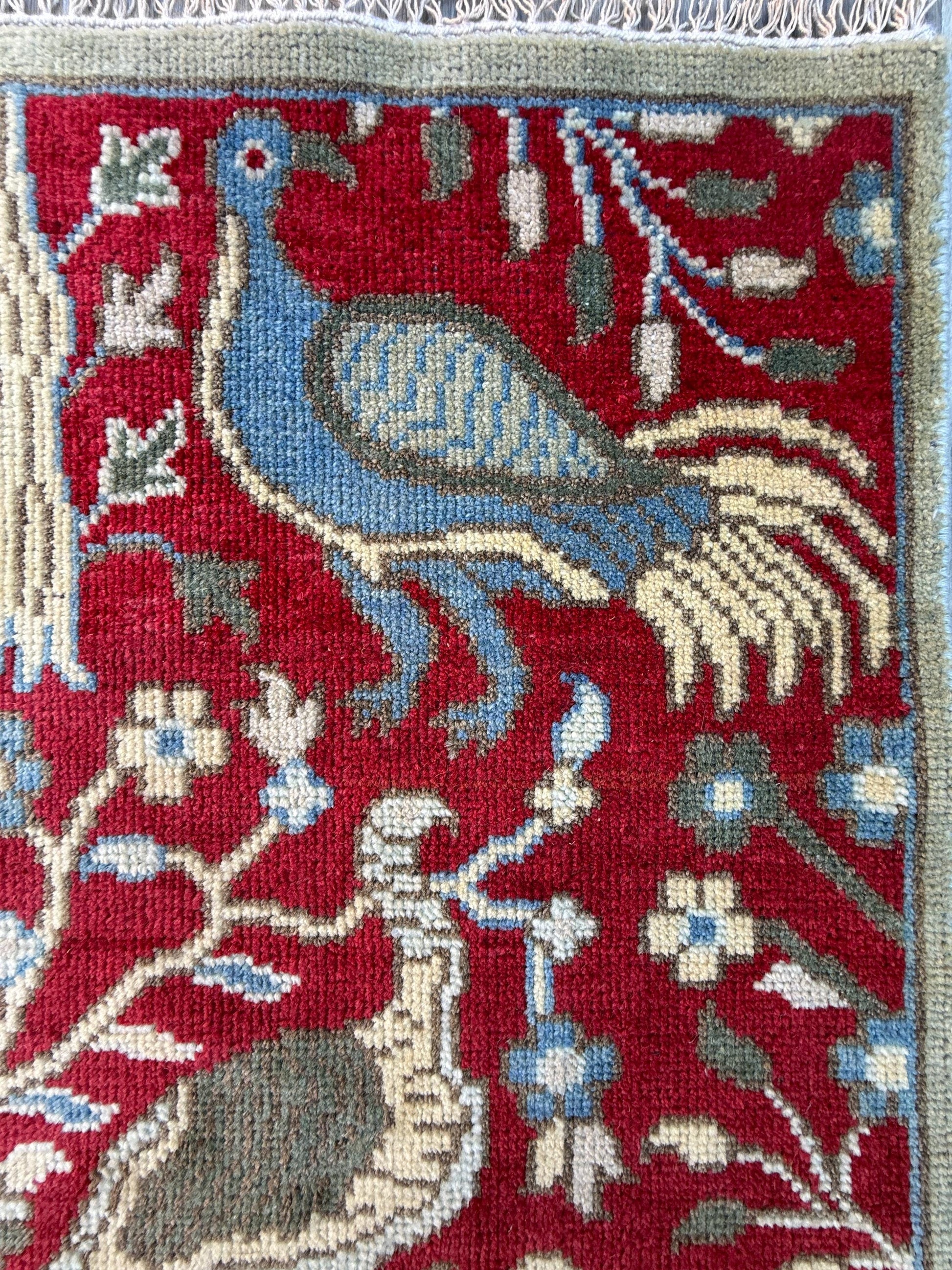1.11x3 ft Bohemian Oushak Rug: Hand-Knotted Birds Design, Contemporary Wool Carpet