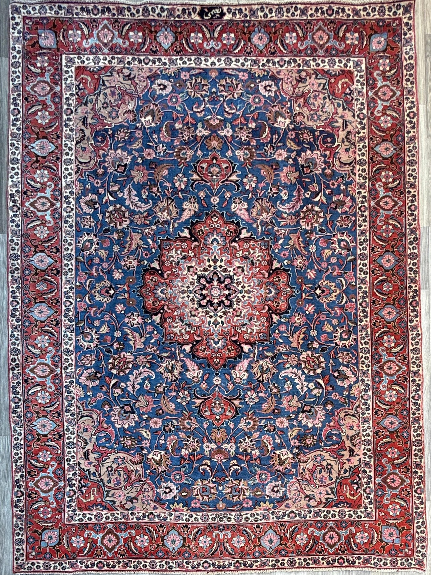 8x10 ft Signed 1950s Vintage Rug: Hand-Knotted Wool, Bohemian Royal Design