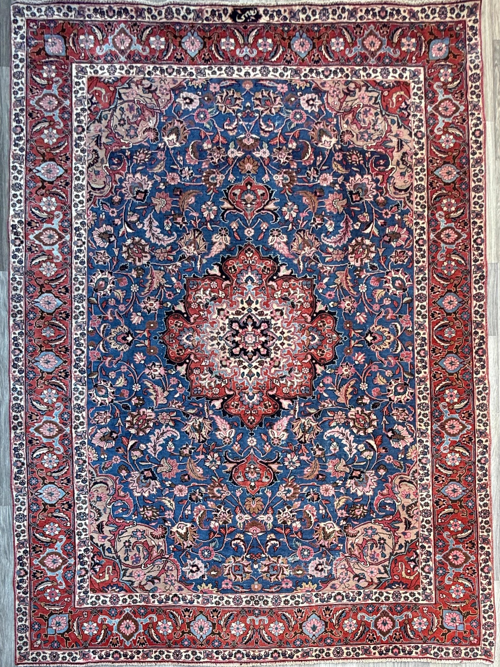 8x10 ft Signed 1950s Vintage Rug: Hand-Knotted Wool, Bohemian Royal Design