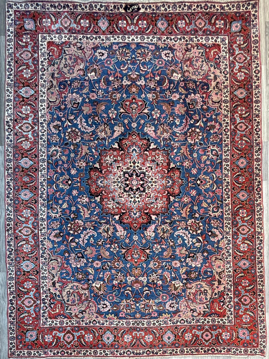 8x10 ft Signed 1950s Vintage Rug: Hand-Knotted Wool, Bohemian Royal Design