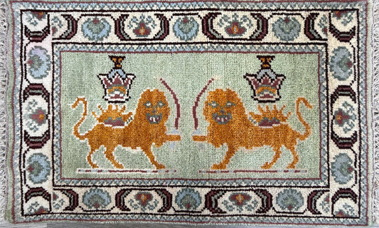 2x3 ft Oushak Tree of Life Lion Wool Rug: Hand Knotted